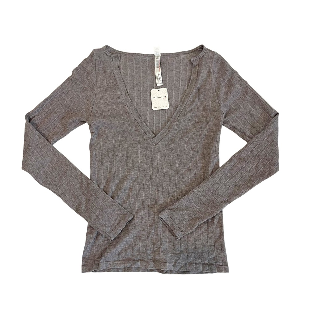 NEW Intimately Free People Deep V-Neck Ribbed Top Heather Dark Grey Size XS/S